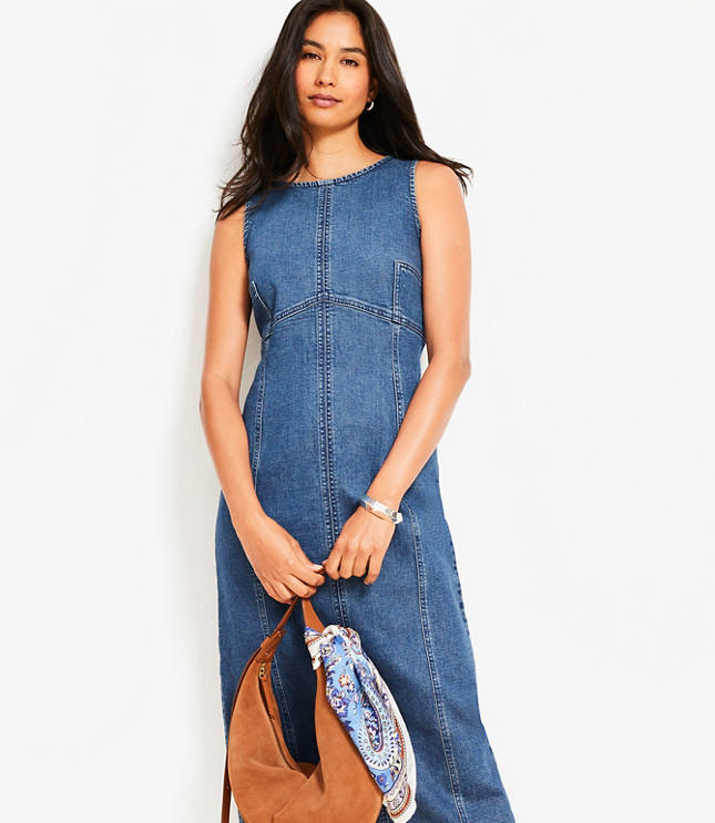 Seamed Denim Midi Dress in Classic Mid Wash