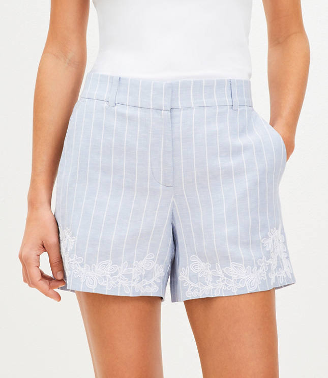 Floral Embroidered Stripe Riviera Shorts in Linen Blend