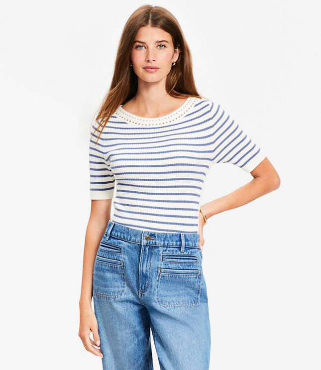 Striped Crochet Trim Sweater Tee