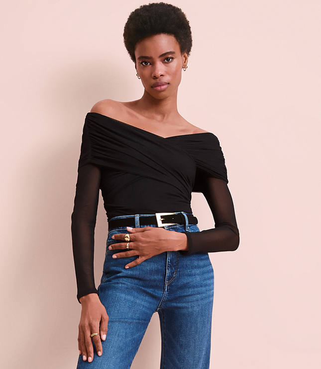 Mesh Ruched Off The Shoulder Top