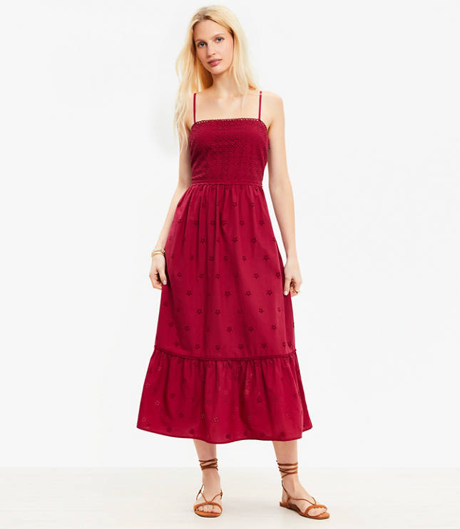 Loft Petite Eyelet Tiered Strappy Midi Dress