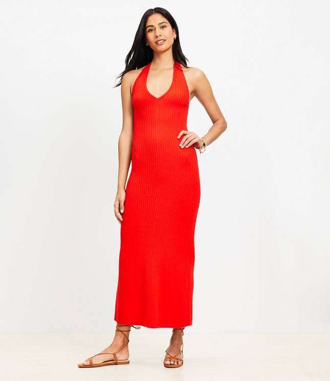 Petite Ribbed Maxi Halter Sweater Dress