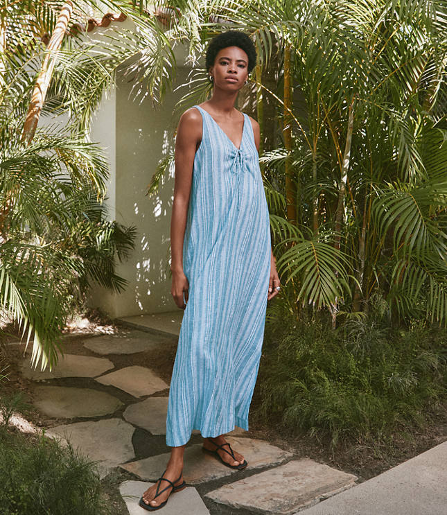 Lou & Grey Striped Linen Cotton Tie Keyhole Maxi Pocket Dress