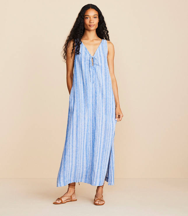 Lou & Grey Striped Linen Cotton Tie Keyhole Maxi Pocket Dress