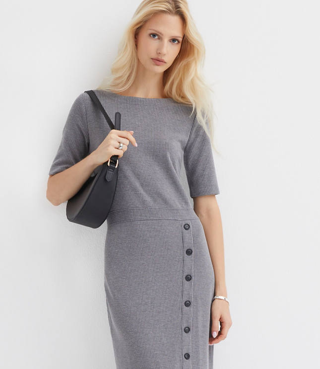 Ribbed Button Trim Midi Dress