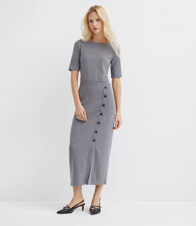 Ribbed Button Trim Midi Dress