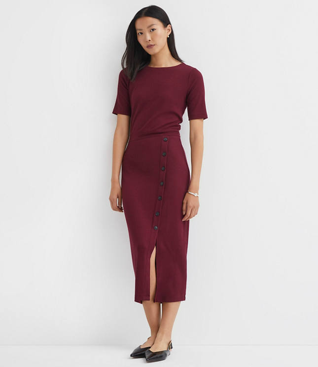 Ribbed Button Trim Midi Dress