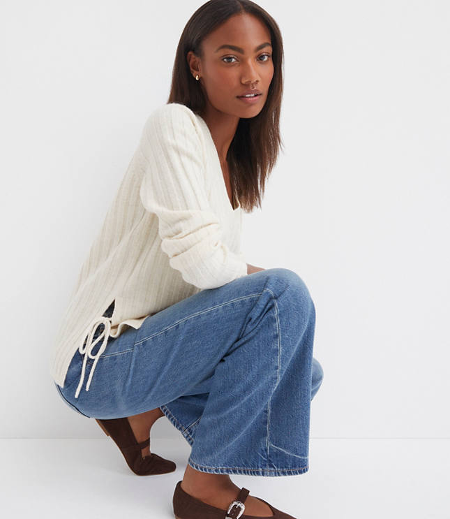 Side Bow Ribbed V-Neck Sweater