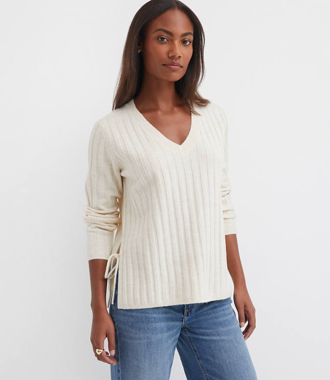 Side Bow Ribbed V-Neck Sweater