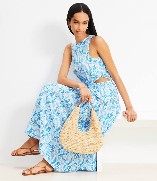Loft Petite Coral Side Cutout Linen Blend Midi Dress
