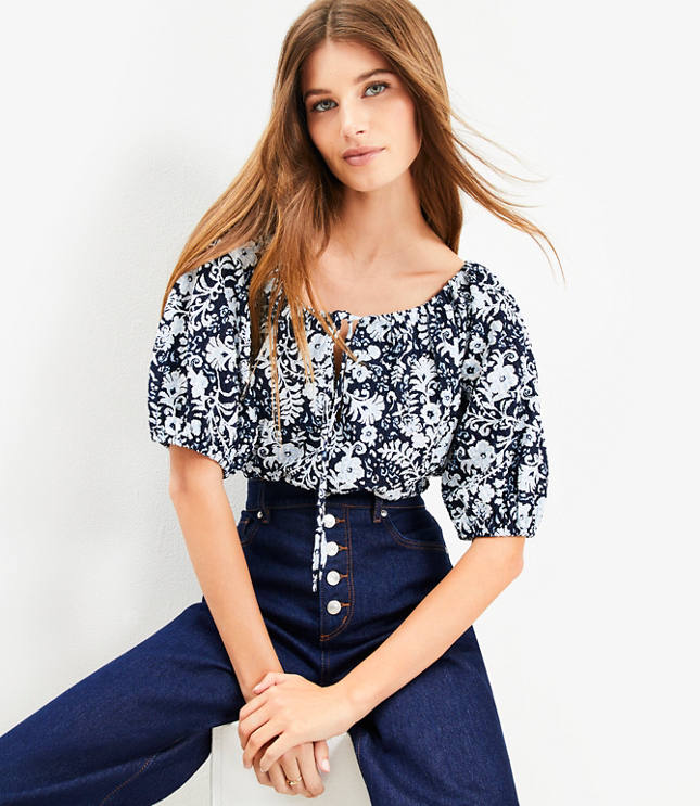 Petite Floral Tie Neck Bubble Sleeve Top