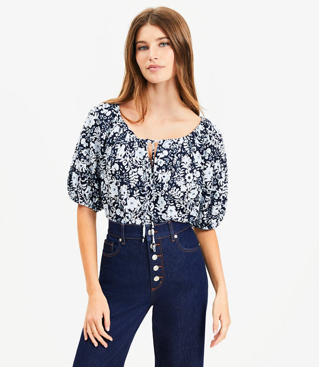 Petite Floral Tie Neck Bubble Sleeve Top