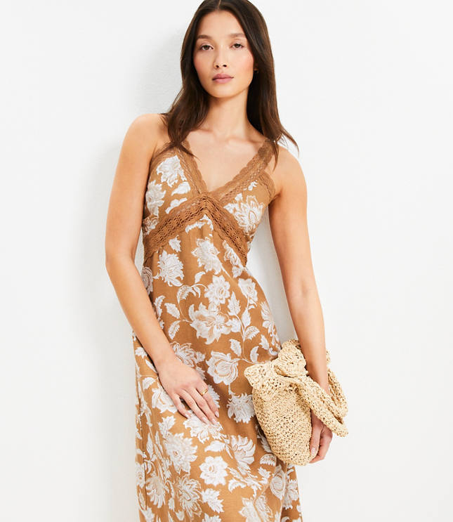 Petite Floral Lace Trim Linen Blend Midi Dress