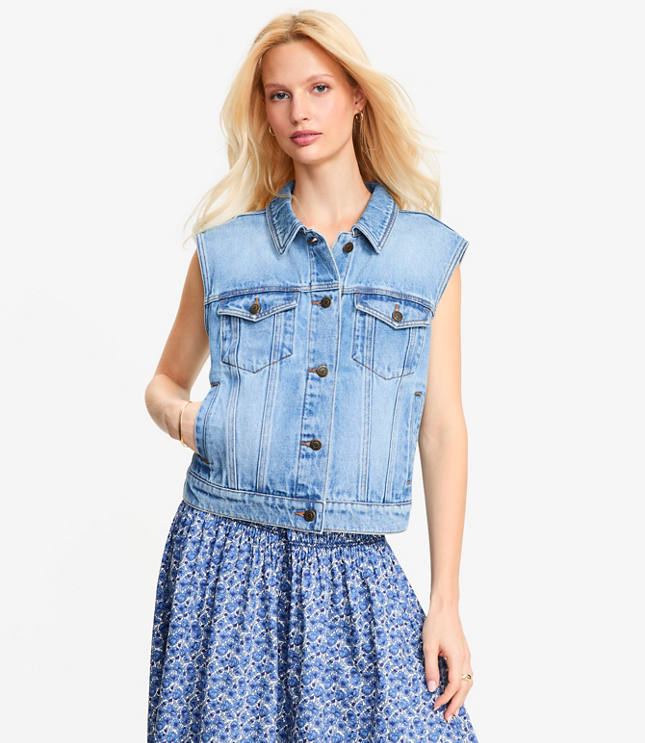 Petite Denim Trucker Vest Bright Mid Indigo Wash