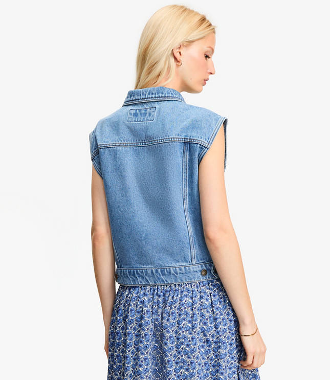 Petite Denim Trucker Vest Bright Mid Indigo Wash