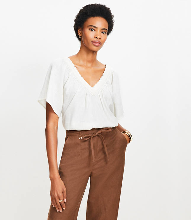 Petite Lace Trim V-Neck Blouse