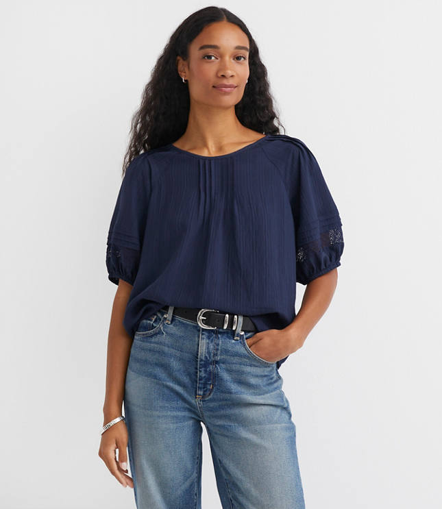 新品◯NEAU◯volume sleeve blouse (dark navy) Short Puff Sleeve Popover Top - Oxford Navy Solids | NYDJ