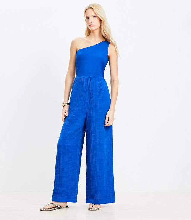 LOFT Beach Triple Cloth Mixed Media One Shoulder Jumpsuit