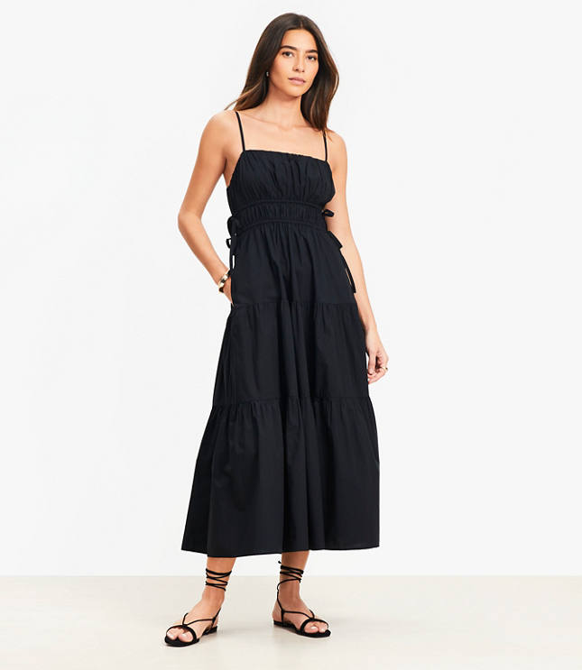 Petite Pleated Side Tie Strappy Midi Pocket Dress