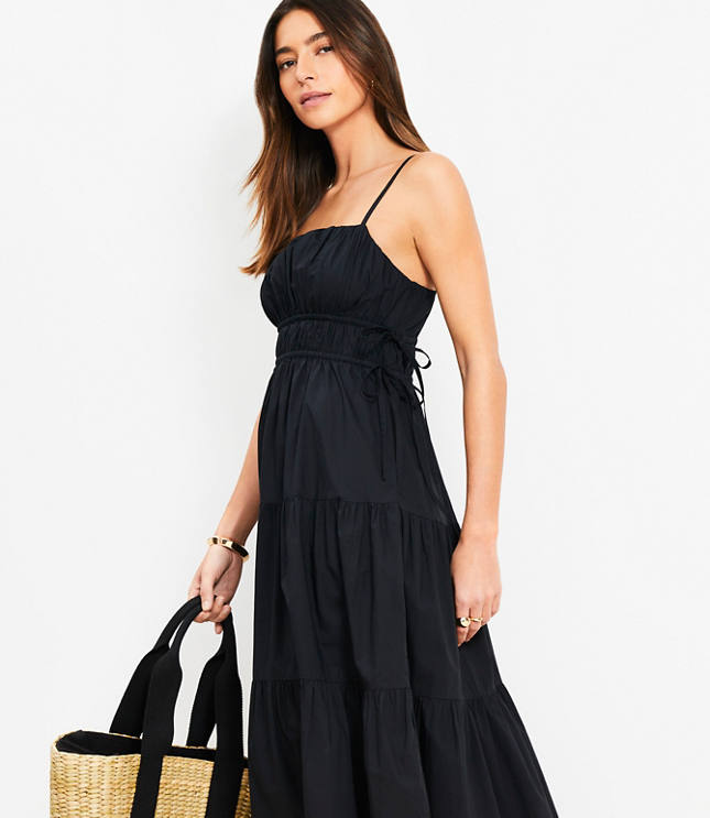 Petite Pleated Side Tie Strappy Midi Pocket Dress