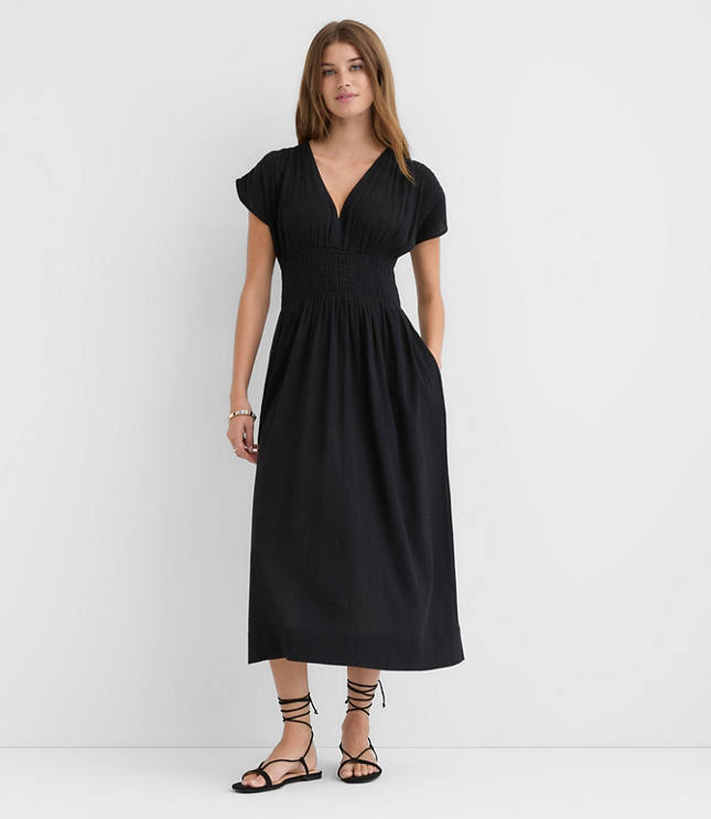Petite LOFT Beach Crinkle Smocked Midi Pocket Dress