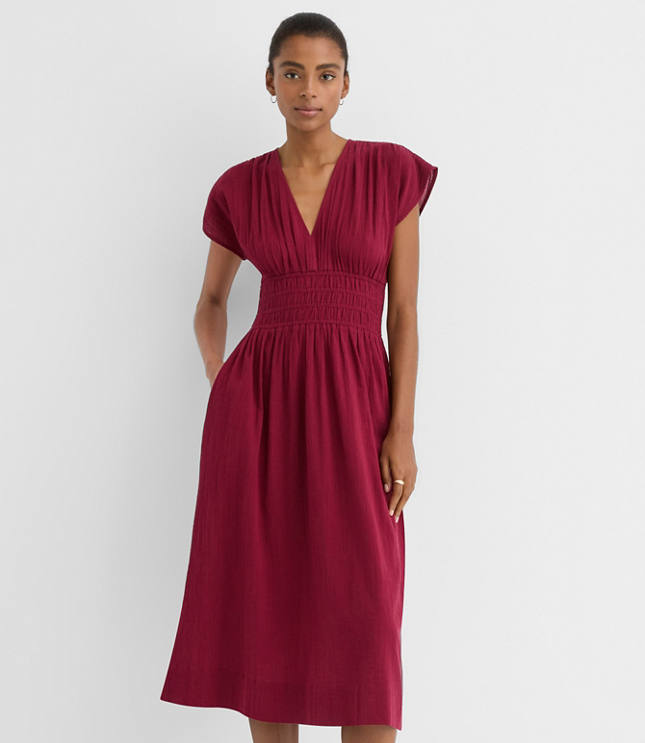 Petite LOFT Beach Crinkle Smocked Midi Pocket Dress