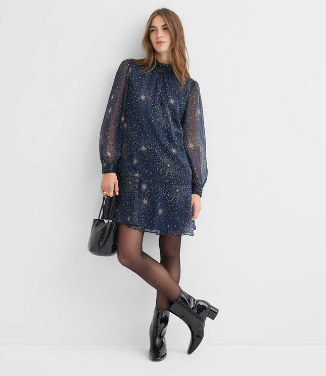 Shimmer Stripe Tie Neck Mini Flounce Dress