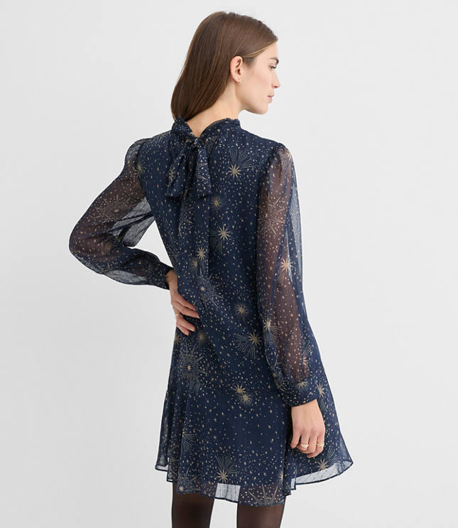 Shimmer Stripe Tie Neck Mini Flounce Dress