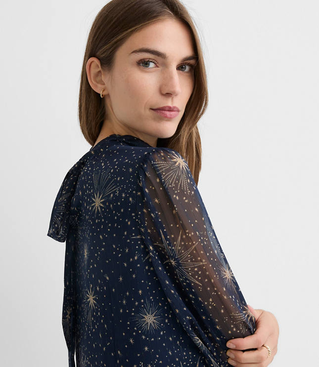 Shimmer Stripe Tie Neck Mini Flounce Dress