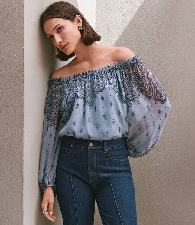 Petite Paisley Ruffle Neck Tie Cuff Blouse