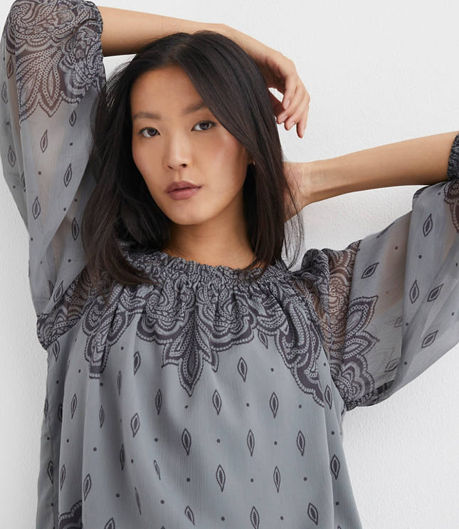 Petite Paisley Ruffle Neck Tie Cuff Blouse