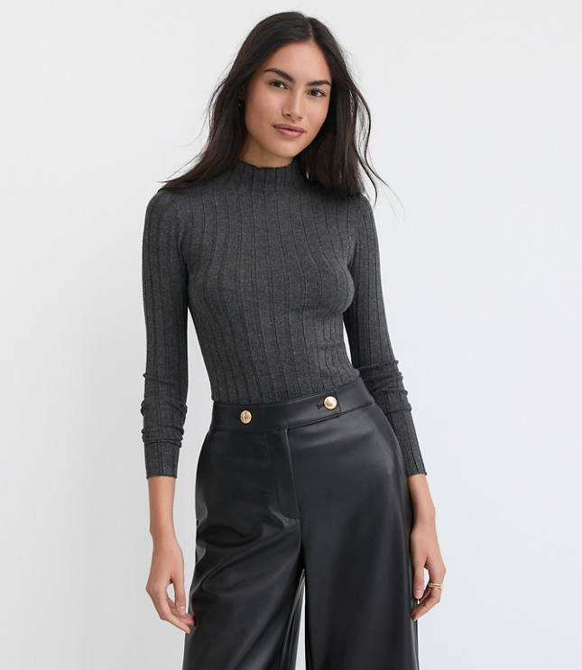 Petite Heathered Ribbed Mock Neck Sweater