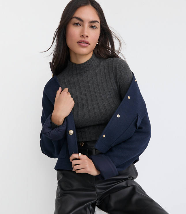 Petite Heathered Ribbed Mock Neck Sweater