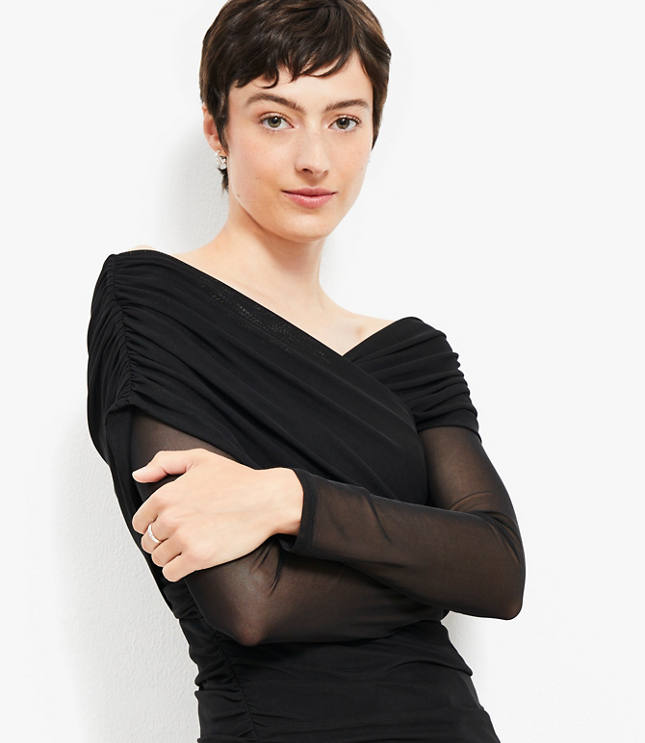 Petite Mesh Ruched Off The Shoulder Top