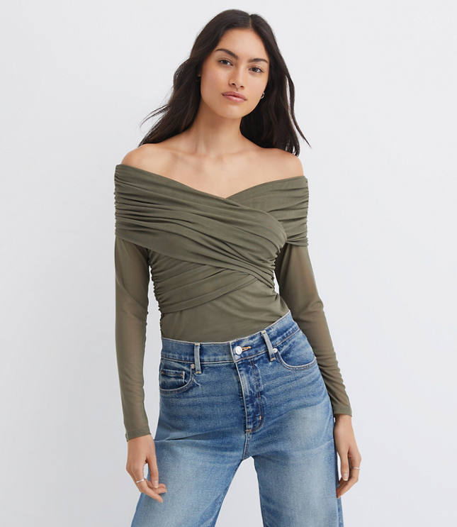 Petite Mesh Ruched Off The Shoulder Top