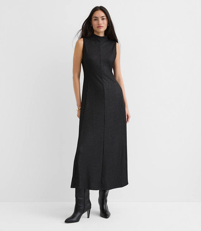 Foil Ribbed Mock Neck Maxi Dress