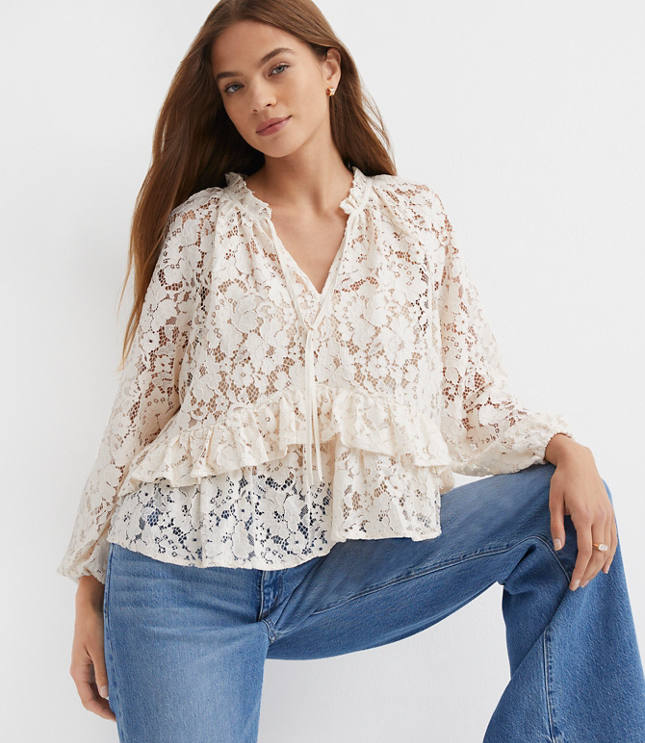 Petite Floral Lace Ruffle Peplum Blouse