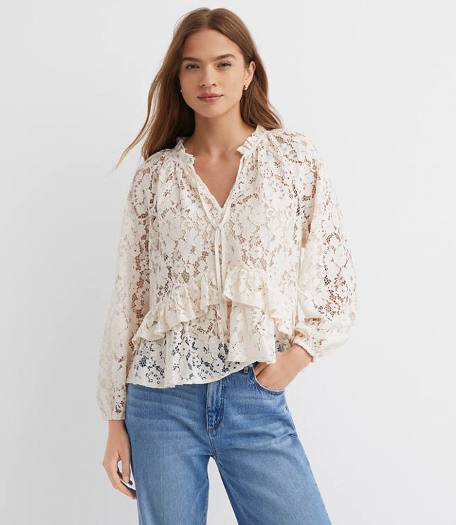 Petite Floral Lace Ruffle Peplum Blouse