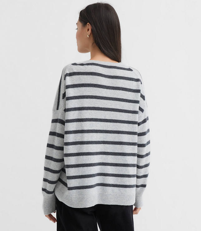 Petite Stripe Relaxed V-Neck Cashmere Sweater
