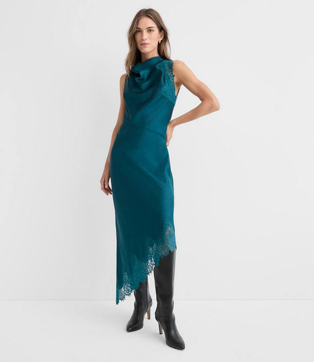 Lace Trim Satin Bias Midi Dress