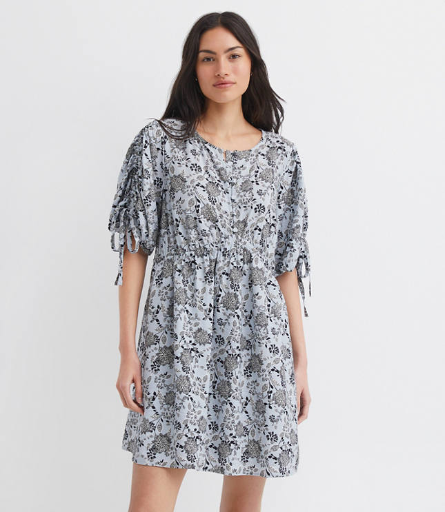 Petite Floral Ruched Sleeve Mini Pocket Dress