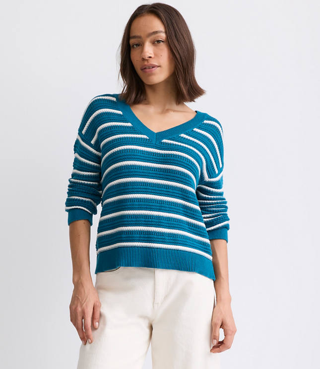 Petite Striped Stitchy V-Neck Sweater