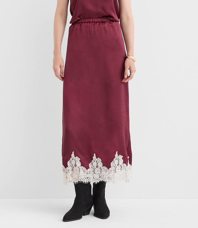 Petite Lace Trim Satin Midi Skirt