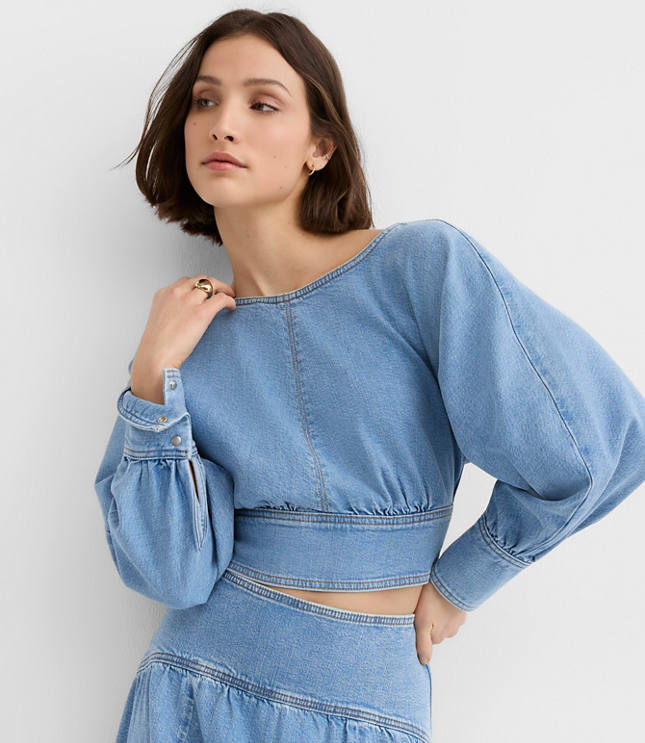 Yoke Denim Blouse in Light Wash Indigo