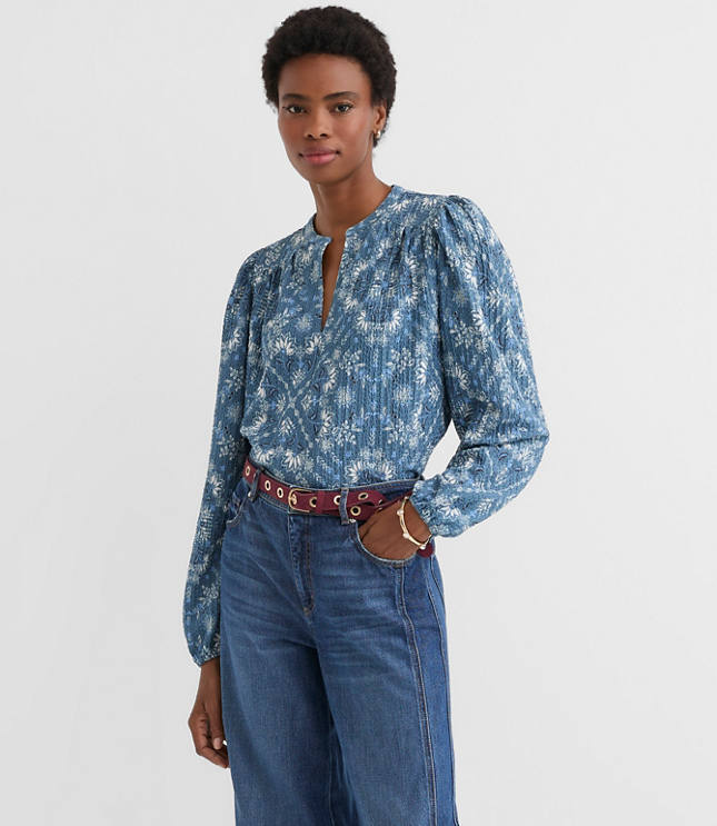 Floral Crinkle Knit Split Neck Blouse