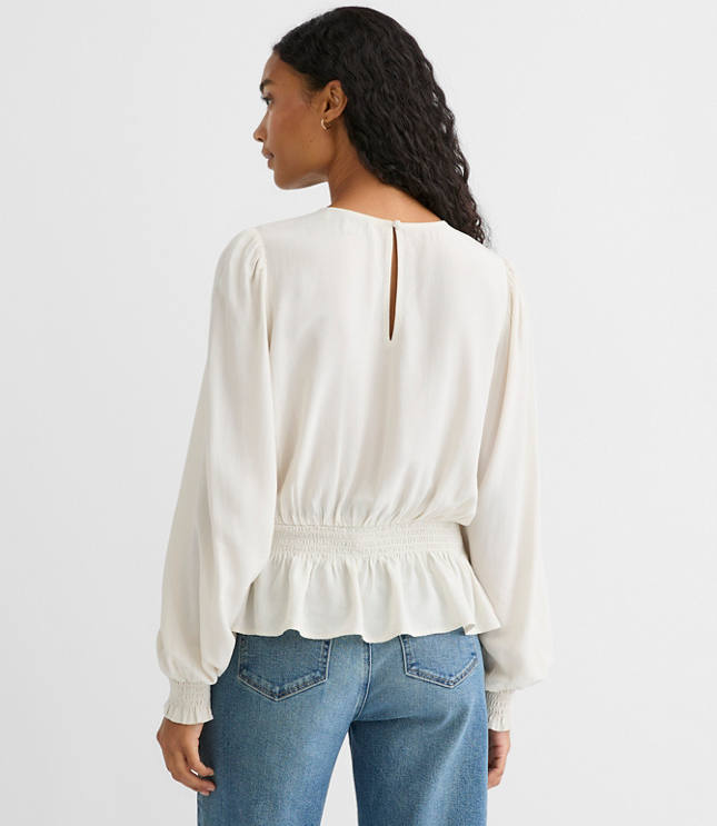 Petite Embroidered Smocked Peplum Blouse