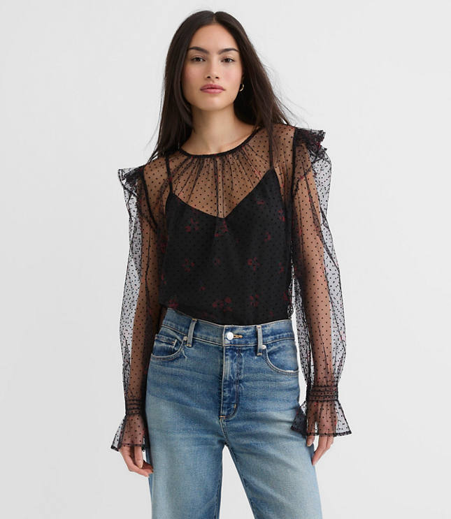 Petite Velvet Dot Tulle Floral Cami Blouse