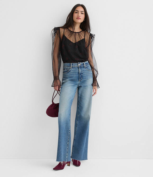 Petite Velvet Dot Tulle Floral Cami Blouse