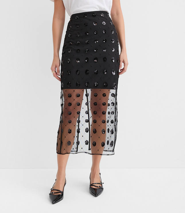 Petite Floral Sequin Overlay Midi Skirt