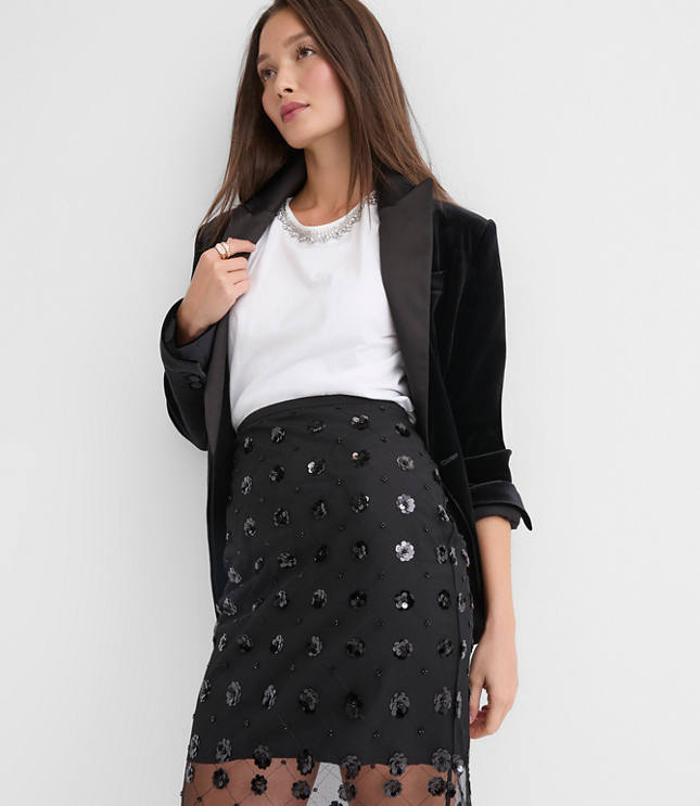 Petite Floral Sequin Overlay Midi Skirt